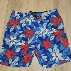 Lands End Men's L 36-38 Swim Trunks Red White Blue Floral Print